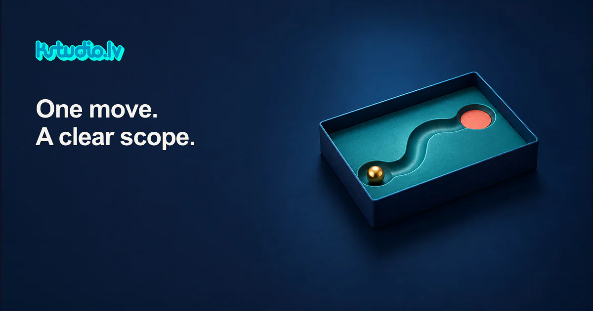 KSTUDIO editorial illustration: a golden ball at the start of a single curved groove in a teal tray that leads to a coral target, under the headline One move. A clear scope.