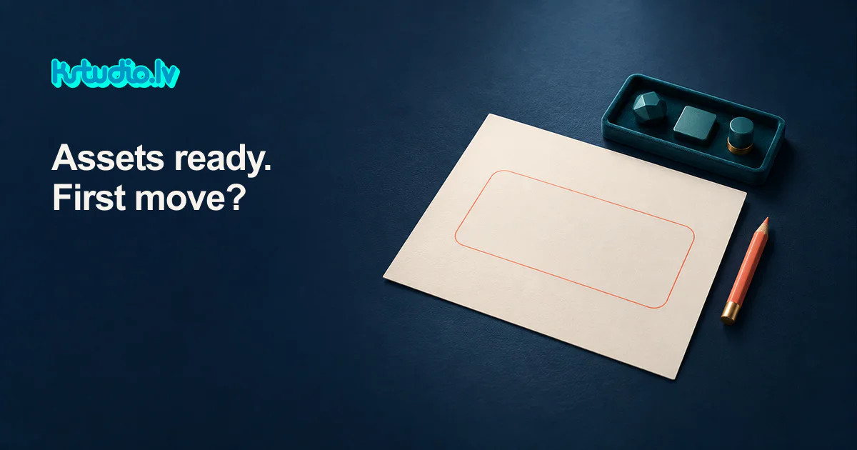 KSTUDIO editorial illustration: a tray holding three finished game pieces beside a blank sheet with an empty screen frame drawn on it and a pencil, under the headline Assets ready. First move?