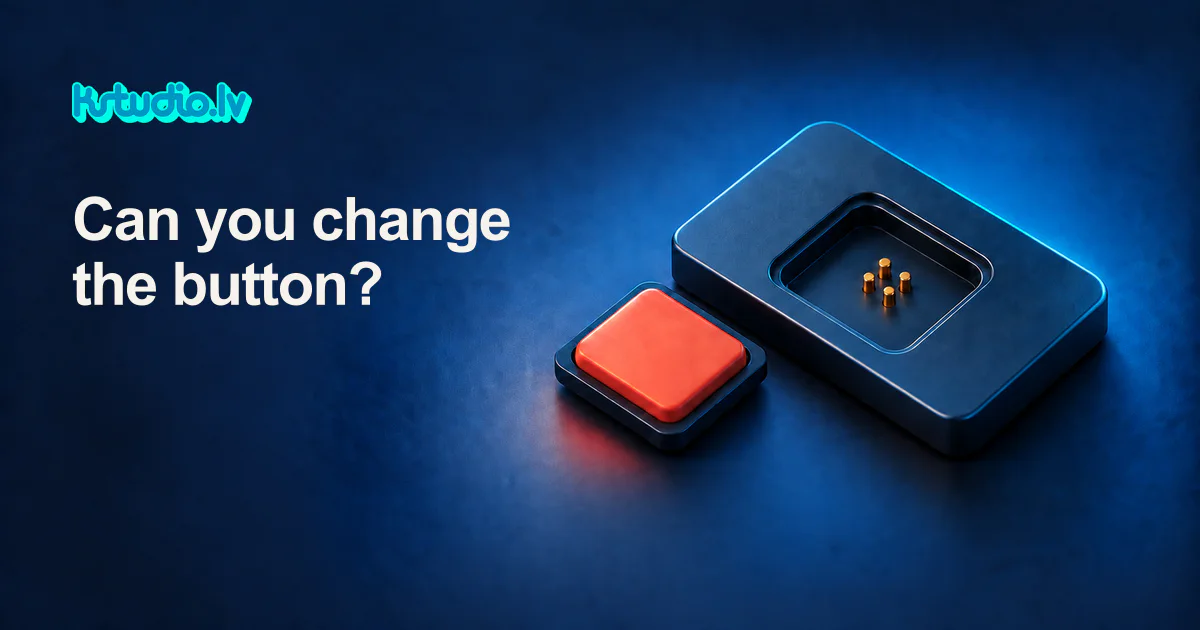 KSTUDIO editorial illustration: a loose red button lying beside a dark panel with an empty socket shaped for it, under the headline Can you change the button?