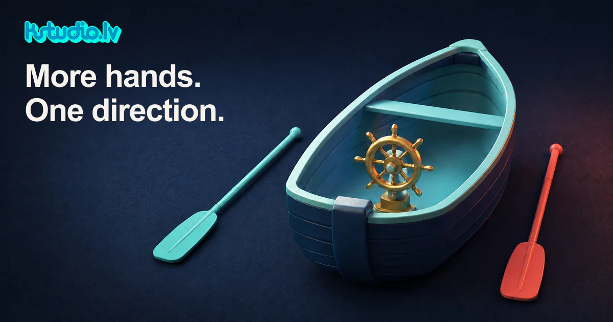 KSTUDIO editorial illustration: one toy rowing boat with a single gold ship wheel inside it, and two loose oars in different colours lying apart on a dark blue surface, under the headline More hands. One direction.