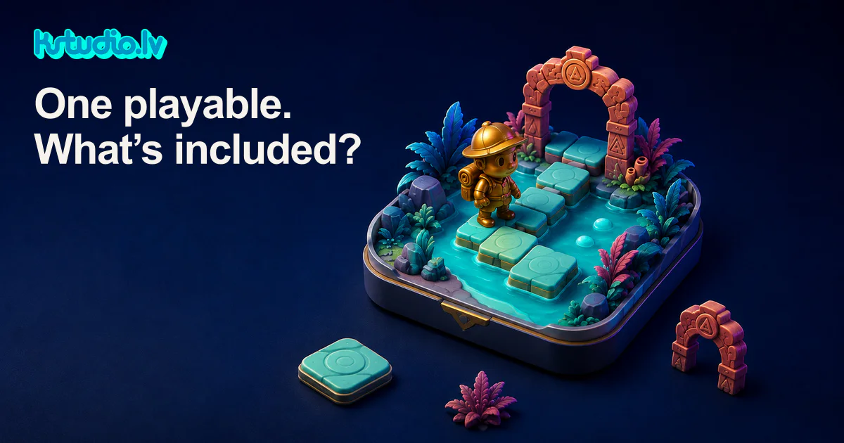 Conceptual KSTUDIO illustration: one golden explorer on a miniature mint-tiled playable scene, with three separate matching components—one tile, one coral arch and one purple plant—on a continuous navy studio surface.