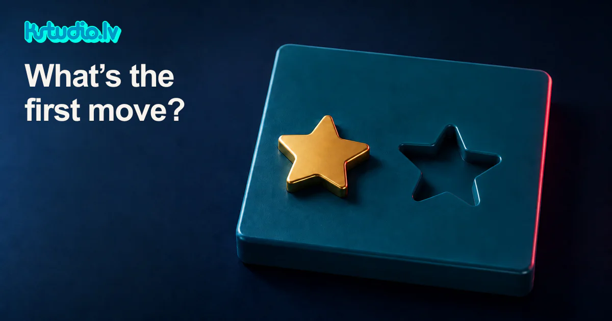 KSTUDIO editorial illustration: one gold star resting beside a star shaped cut out on a dark blue tray, under the headline What is the first move?
