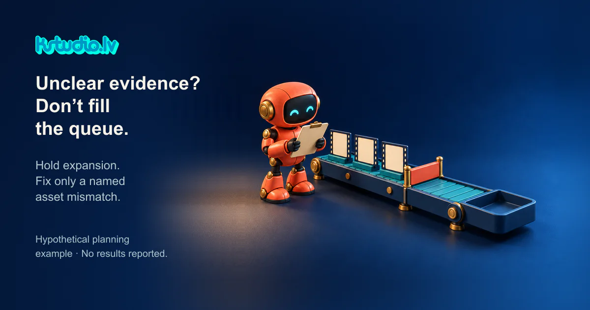 KSTUDIO. Unclear evidence? Don't fill the queue. A small orange robot with a clipboard beside an empty conveyor queue with three blank cards on a dark blue background.