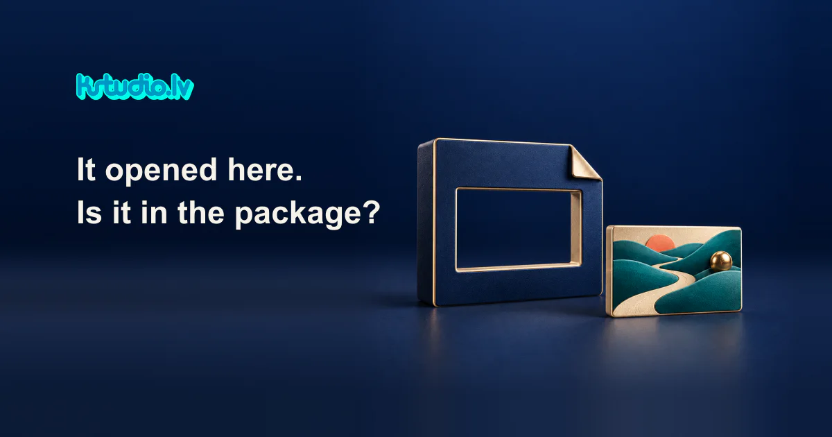 KSTUDIO. It opened here. Is it in the package? A dark blue document shaped frame with an empty window and a separate small landscape card standing beside it.