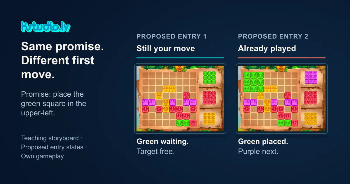 KSTUDIO. Same promise. Different first move. Two proposed entry states of our own Adventure Blocks board: green waiting with the target free, and green already placed with purple next.