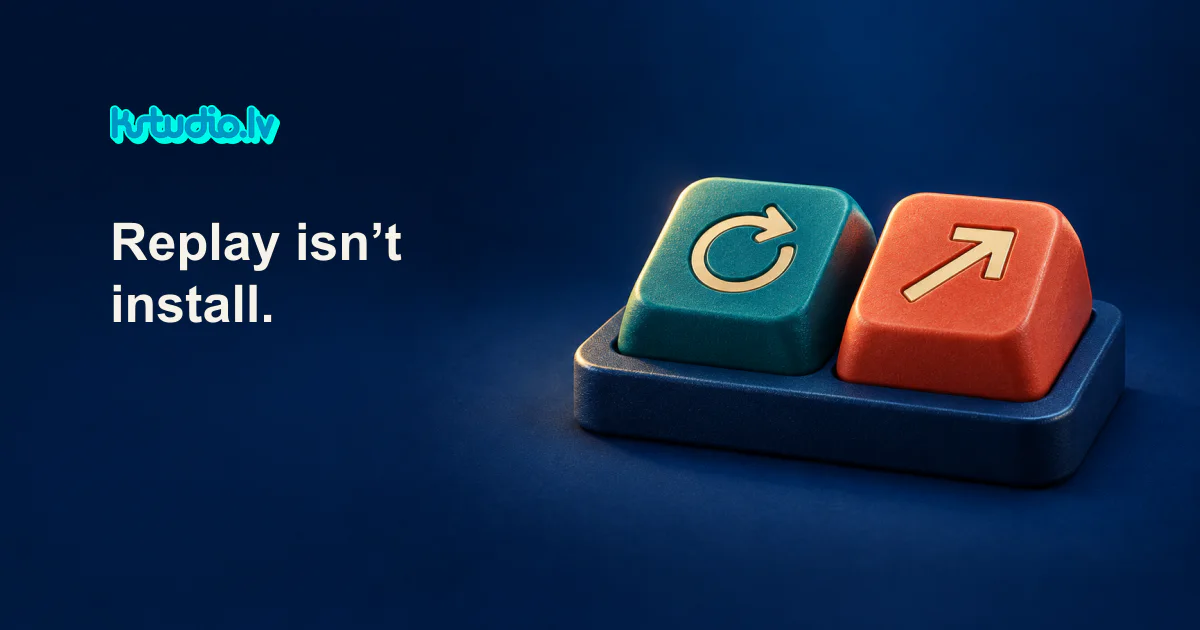 KSTUDIO. Replay is not install. Two keycaps on a dark blue base: a teal one with a replay arrow and an orange one with an outward arrow.