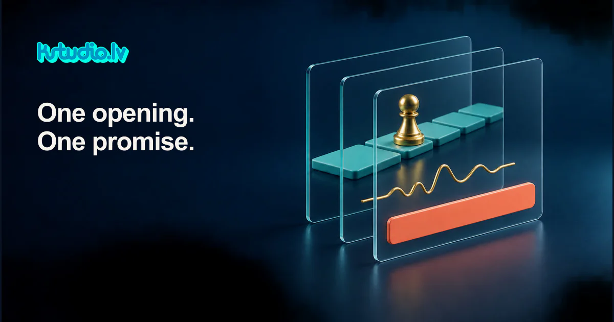 KSTUDIO editorial illustration: three glass panels standing one behind another, holding a gold pawn on a path of teal tiles, a gold sound wave and a coral caption bar, beside the headline One opening. One promise.
