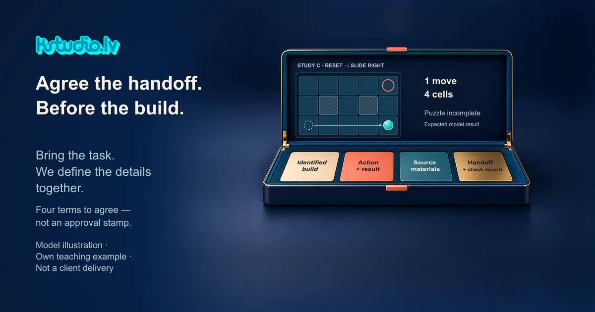 KSTUDIO. Agree the handoff. Before the build. An open dark blue case with a puzzle screen and four cards: Identified build, Action plus result, Source materials, Handoff plus check record.