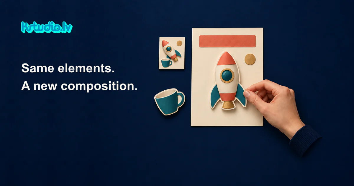 KSTUDIO. Same elements. A new composition. A hand places a paper toy rocket onto a cream layout card on a dark navy background, with a small reference card and a teal cup beside it.