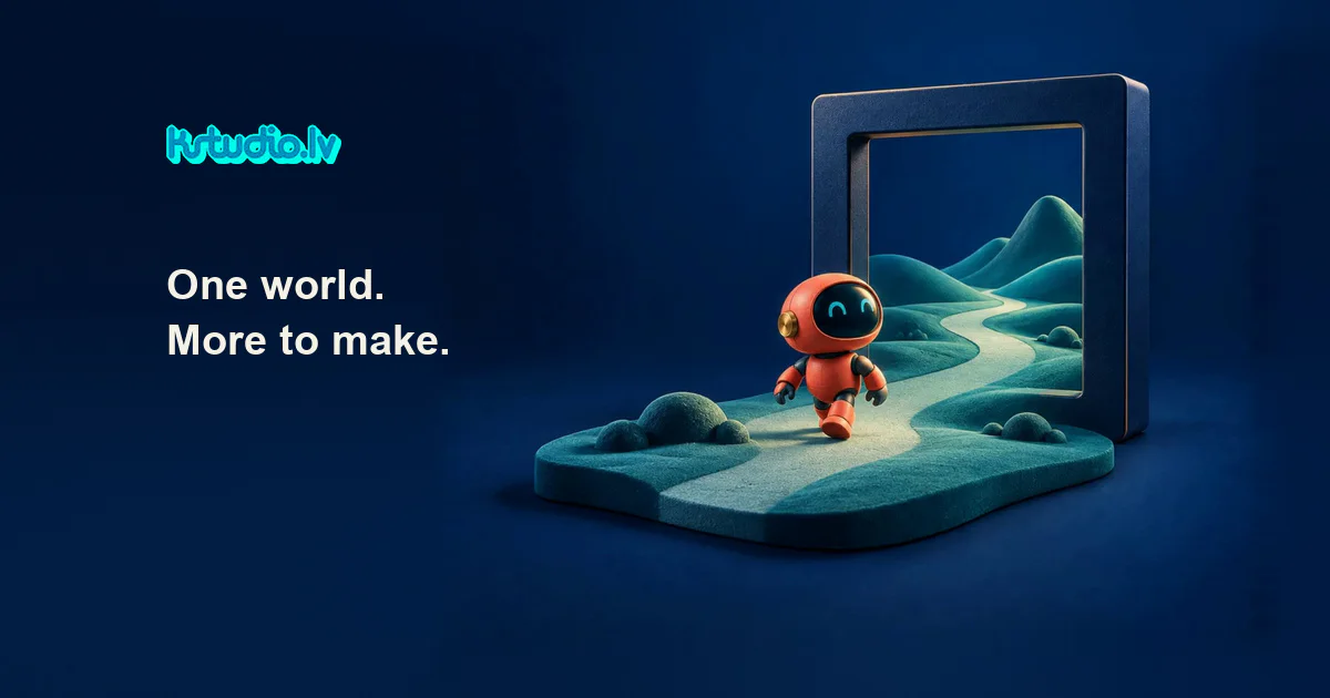A small coral robot walks along a teal path that continues out of a freestanding navy picture frame. Cover text: One world. More to make.