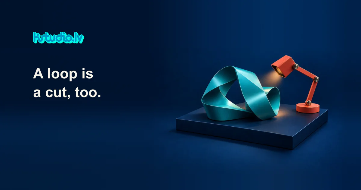 KSTUDIO. A loop is a cut, too. A teal ribbon loop on a dark blue plinth under a small orange desk lamp.