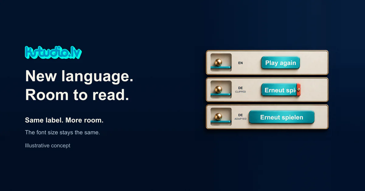 KSTUDIO educational illustration with three stacked panels: EN “Play again”; DE “Erneut spielen” clipped on the right in a narrow text area; DE “Erneut spielen” shown fully in a wider button. The button text uses the same font size. Headline: “New language. Room to read.” The illustrated scene is AI made and the text is separately typeset.