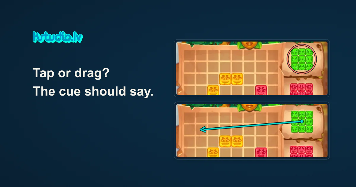 KSTUDIO. Tap or drag? The cue should say. Two crops of the same real Adventure Blocks game state: one with a ring marking the green piece, the other with a drag path from the tray onto the board.