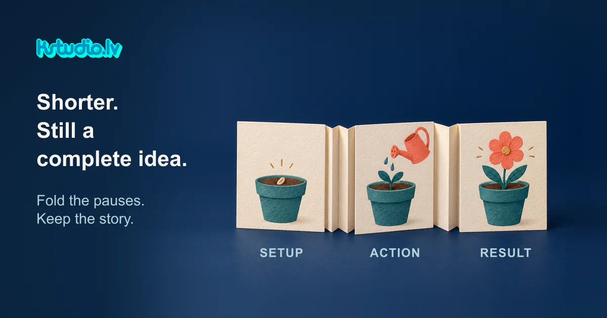 KSTUDIO. Shorter. Still a complete idea. A paper accordion storyboard with three panels, seed, watering can and flower in bloom, labelled Setup, Action and Result, on a dark blue background.