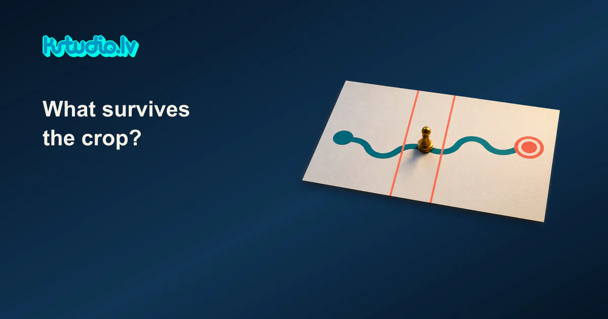 KSTUDIO graphic: a paper map with a teal path from a start point to a coral target and a gold pawn in the middle, between two coral crop lines, under the headline What survives the crop?