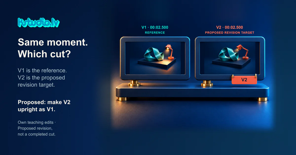 KSTUDIO. Same moment. Which cut? Two monitors on a dark blue stand show the same frame of our own lamp animation: V1 with the lamp upright and V2 with the lamp bending left toward a teal ribbon.