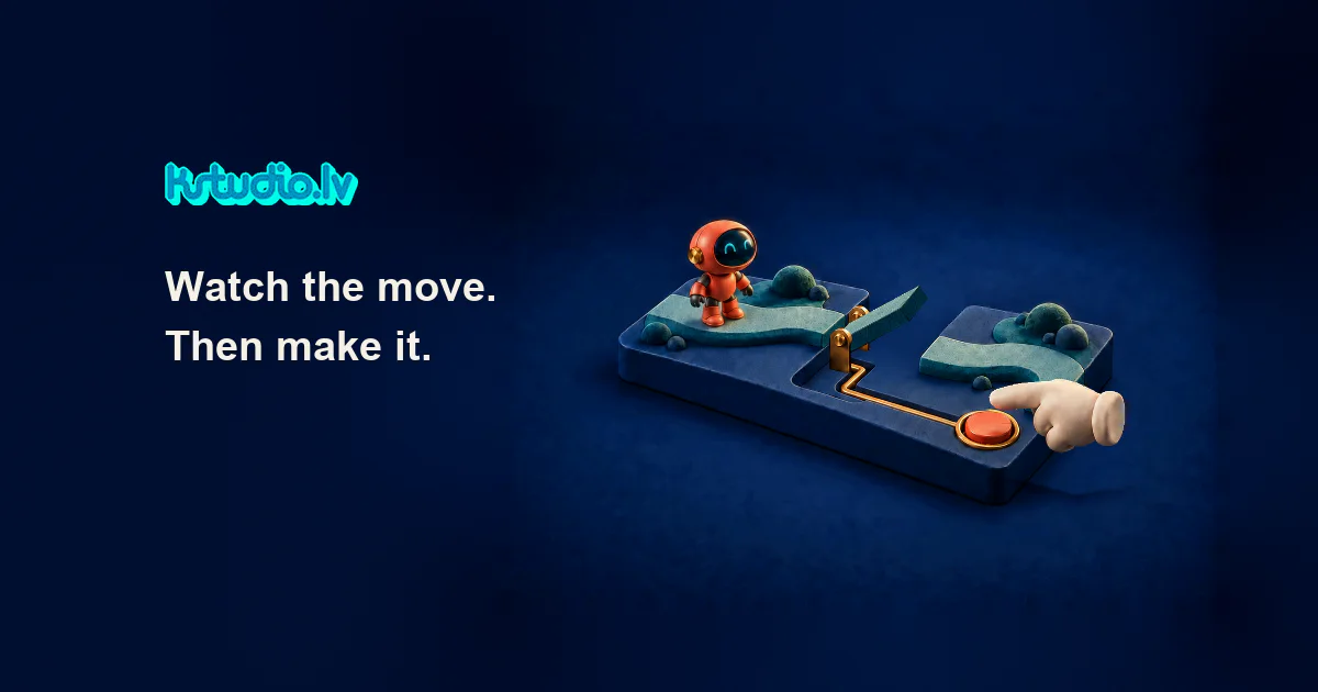 AI assisted editorial illustration of a coral robot beside a raised teal bridge and a large red button. Cover text: Watch the move. Then make it.