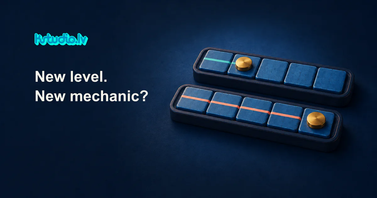 KSTUDIO. New level. New mechanic? Two dark blue puzzle strips with a gold token, one with a short teal path and one with a long orange path.