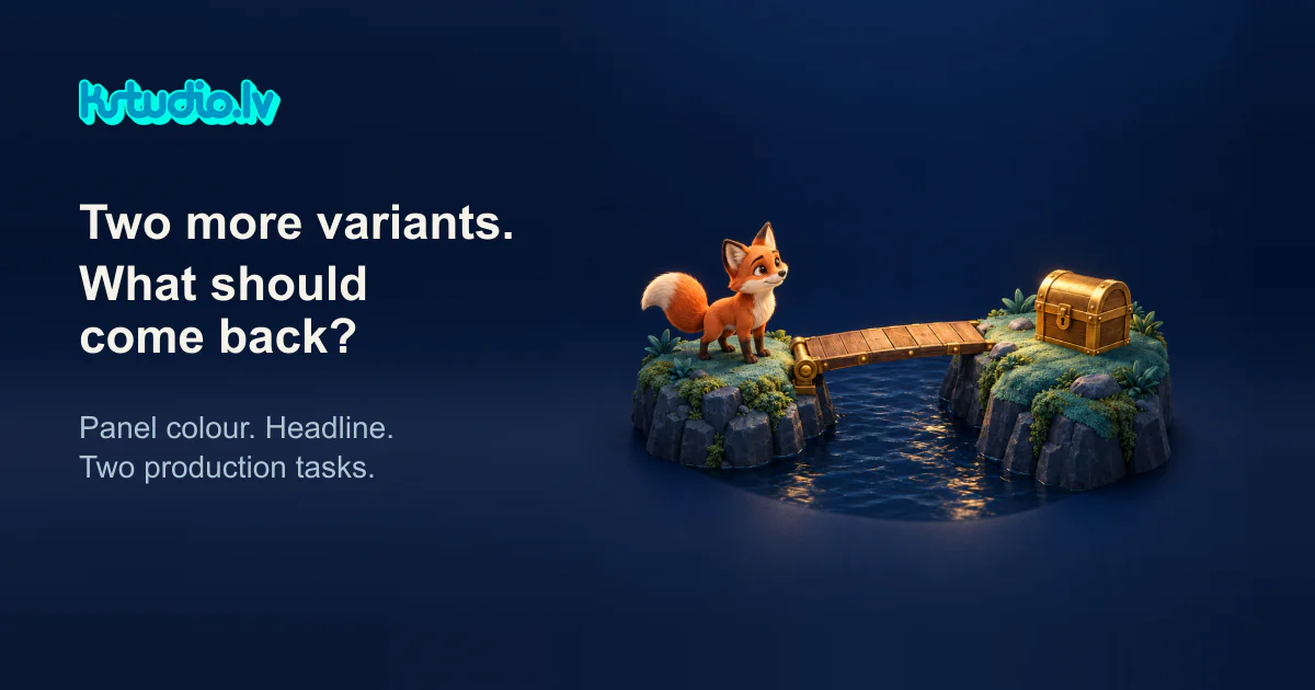 KSTUDIO. Two more variants. What should come back? A small 3D fox on a rocky island, a wooden bridge and a treasure chest on a dark blue background.